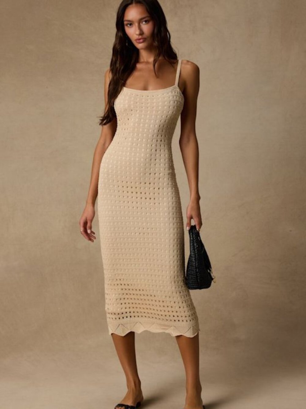 Lulus Ventura Vision Beige Crochet Lace-up Midi Dress - Size M